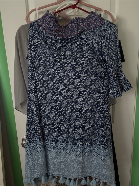 Cabana Life Dresses & Skirts - Cabana Life Navy & Light Blue Patterned Off-Shoulder Tunic with Tassel Hem